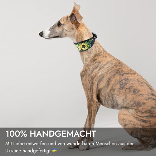 FAVPET Handbemalter Echtleder Windhund Halsband Breit mit QR Code Anhänger, Weiches Lederhalsband Hund Whippet Italienisches Windspiel Saluki Lurcher Spanischer Galgo Podenco (Sonnenblumen, XS)