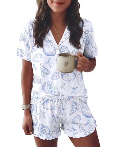 Image of Ekouaer Womens Pajama Sets Button Down Short Sleeve Top and Shorts Cute Ruffled Pjs Sets Sleepwear