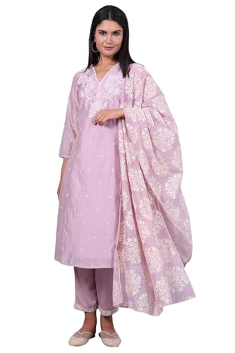 Image of W for Woman Embroidered Lace Cotton Blend Straight Kurta & Straight pant Set