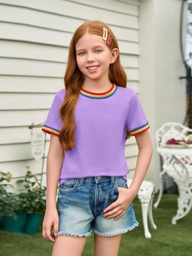Image of Haloumoning Girls Short Sleeve T-Shirts Summer Rainbow Tops 5-14 Years | Kids Basic Tees, Rainbow Trim Ringer Tees, Crewneck Tops, Casual, Loose Fit