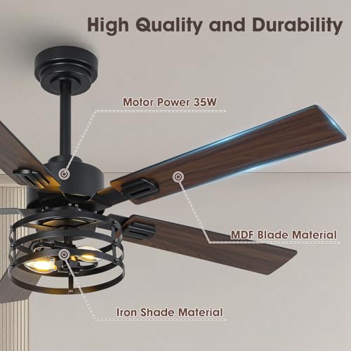 52" Farmhouse Ceiling Fans with Lights and Remote, Outdoor Ceiling Fan Dual Finish 5 Blades 6-Speed Quiet and Reversible DC Motor, Ceiling Fan with Light for Bedroom Living Room and Patio
