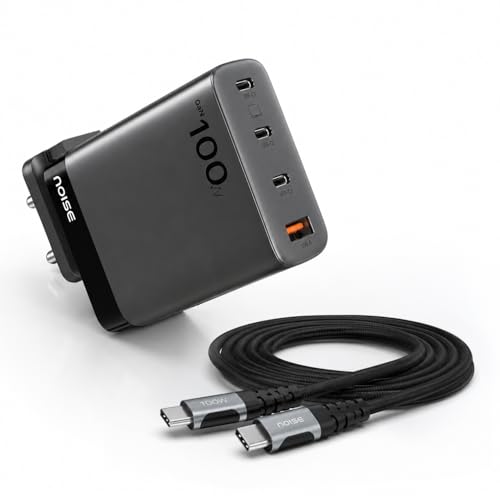 Image of Noise GaN Charger 100W + Type-C to Type-C 100W Braided Cable (1M): 4 Ports (3 USB-C Type, 1 USB-A), Super Fast Charging Adapter with PD, Supports All iPhones, Android (Black)