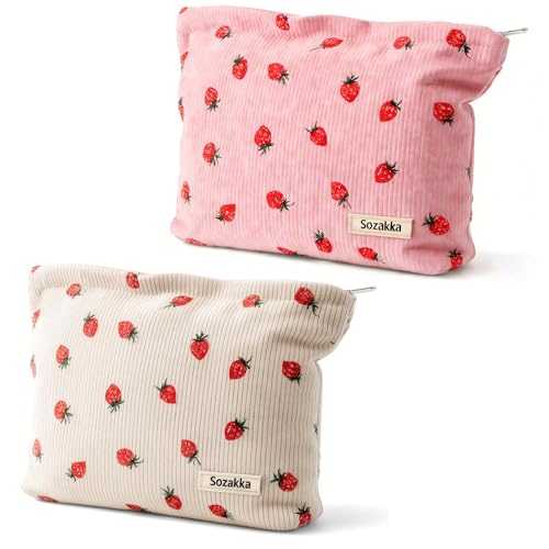 Bonito neceser de terciopelo acanalado con estampado de fresas, pequeño neceser de viaje para cosméticos Kawaii artículos de tocador beauty bag con cremallera para mujeres y niñas (rosa y beige)
