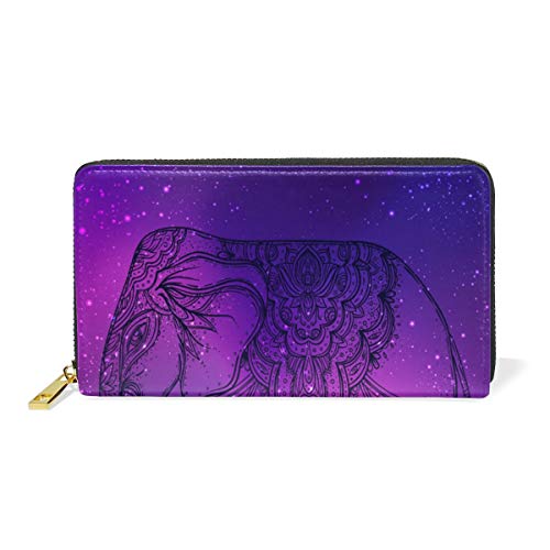 Preisvergleich Produktbild Gigijy Geldbörse mit Galaxie-Elefantenmotiv, für Damen, aus echtem Leder, mit Reißverschluss, lange Geldbörse