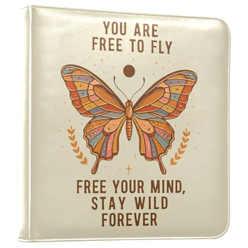 Butterfly Text Freedom Beige Leather Photo Album Self Adhesive Pages Scrapbook Album 3 Ring Binder Waterproof Photo Book for Travel Couples Girls Boys