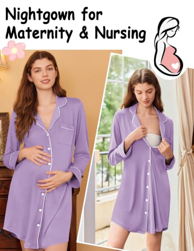 Image of Ekouaer Nightgowns for Women Long Sleeve Night Gown Button Pajama Dress