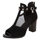  BeiaMina Mujer Moda Block Tacón Alto Verano Botas Cremallera Sandalias Peep Toe Tacones Encaje Zapato de Fiesta Black Talla 34 Asian