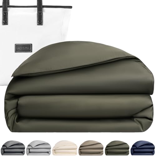 Luxury Bamboo Viscose Duvet Cover | Pure Bamboo Viscose, Soft, Breathable and Cooling for Hot Sleeper | Piped Edge, Hidden Zipper Closure, 8 Corner Ties and Button Closure (Olive Green, Queen Size)
