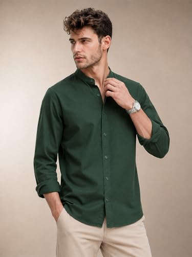 Image of Veirdo Men's Stylish Solid Casual Shirt | Chinese Collar Pure Cotton | Available in Black, Brown, Rust, Olive, White & Navy | Sizes S to XXL