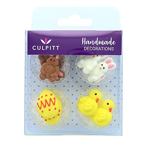 Culpitt Chick, Egg, and Rabbit Sugar Piping's, Sugar Decorations for Cupcakes, Cakes, Easter, Spring - Pack of 12