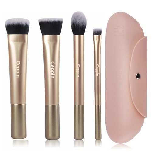 Ceppin 4Pcs Face Base Makeup Brushes, Vegan Soft for Foundation Highlight Concealer & Contour for Blending & Buffing, Pro Makeup Brush Set(Golden) (Golden+Silicon Bag)