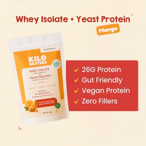 Image of KiloBeaters Whey Protein Isolate Powder with Yeast Protein 1KG Pack | Real Alphonso Mango | 26g Protein Per Scoop | High Protein Supplement for Muscle Recovery & Lean Muscle Support | Gut-Friendly | Zero Fillers | Monk Fruit Sweetened
