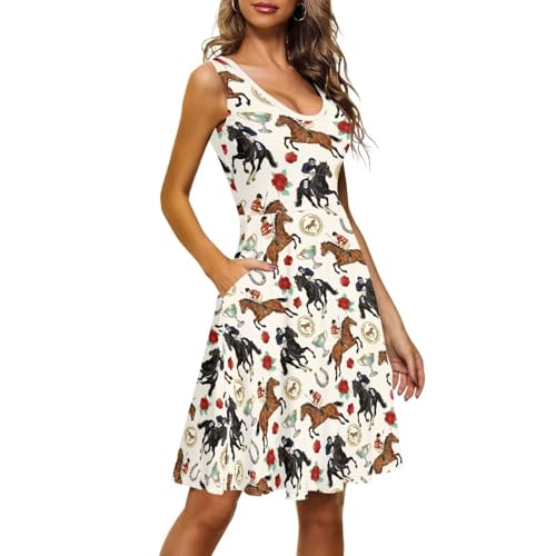 Image of Women Stylish Tank Dresses Sleeveless Round Neck Midi Casual Dress with Pocket for Summer