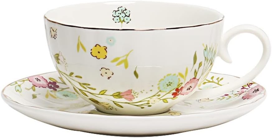 Fashion Little Flower Coffee Cup and Plate High Bone Porcelain Black Tea Cup and Plate Set Coffee Cup(E)