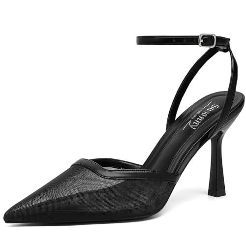 Susanny Black Heels for Women Closed Toe Heeled Pointed Ankle Strap Dress Shoes Stiletto High Mesh...