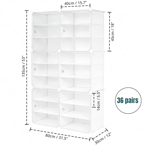 Image of ABOUT SPACE Shoe Rack for Home with Door - 36 Pair DIY Slipper Stand with Hanger, 4 Cube Expandable Shelves Closed Shoes Rack for Home Men, Women Heels Boots Flip-Flops (White-L 80 x B 30 x H 90 cm)