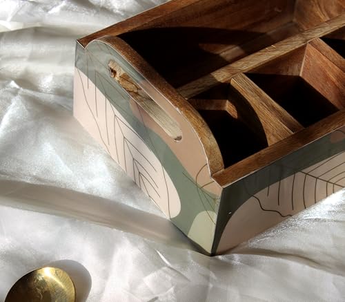 Image of Monstera Hut Abstract Aura Mangowood Cutlery Caddy | Wooden Cutlery Stand Storage Organiser|Cutlery Spoon Stand For Dining Table Chammach Stand|Multipurpose Cutlery Holder |Size23x17x10 cm