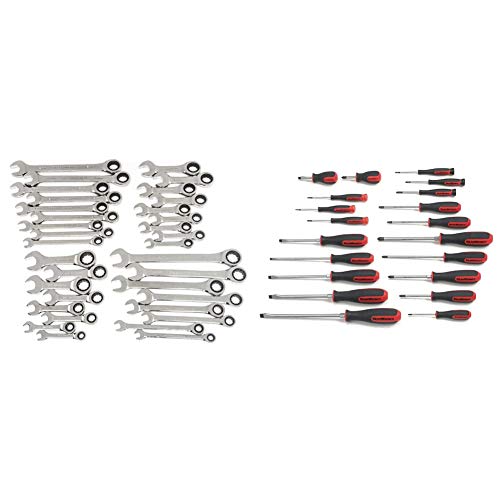 GEARWRENCH 34 Pc. 12 Pt. Ratcheting Combination Wrench Set, Standard & Stubby, SAE/Metric - 85034 & 20 Pc. Phillips/Slotted/Torx Screwdriver Set, Dual Material Handles - 80066