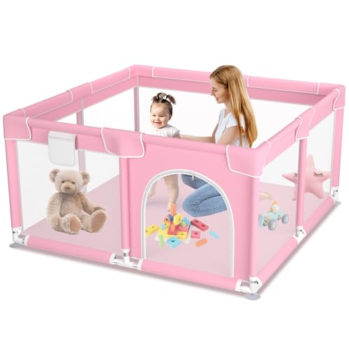 Image of Suposeu Baby Playpen for Toddler, Portable Baby Play Yard for Toddler, Safety Playpen with Soft Breathable Mesh, Kids Activity Centery for Indoor and Outdoor, Pink