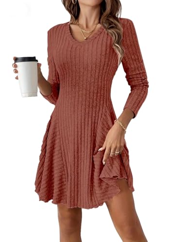 Vestido Corto de Punto Acanalado con Cuello en V y Manga Larga para Mujer