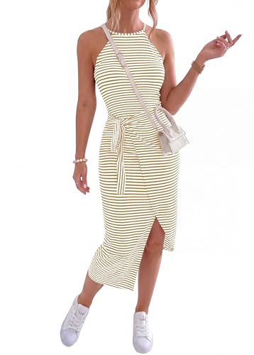Image of NOLLSOM Women Casual Sleeveless Striped Tank Midi Dresses Halter Neck Ruched Bodycon Dresses Tie Waist T Shirt Summer Dress