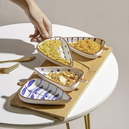 Image of Nestasia Ceramic Serving Platter | 4 Small Leaf-Shaped Plates with 1 Wooden Tray | Perfect for Serving Sweets, Cookies, Dry Fruits, Mouth Freshner & Snacks (Blue & White)