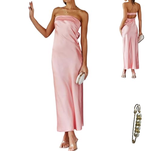 Image of Womens Strapless Satin Maxi Dress Backless Tube Dress | Strapless satin maxi dress with elastic back folded bust backless cut smooth drape and slim tube fit for events