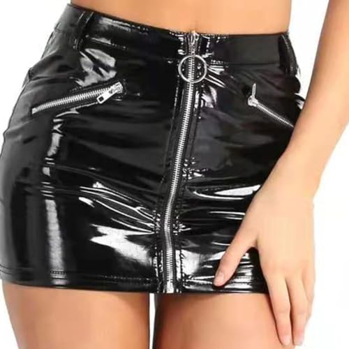 Mini jupe moulante extensible en cuir synthétique pour femme - Tenue de soirée sexy avec fermeture éclair pour la maison, Noir , XL