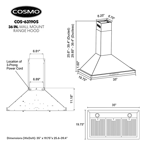 Cosmo Cos-63190S Wall Mount Range Hood, Ducted Convertible Ductless (Additional Filters Needed, Not Included), Permanent Filters, Soft Touch Controls, Led Lights, 36 Inch, Stainless Steel #TOP4