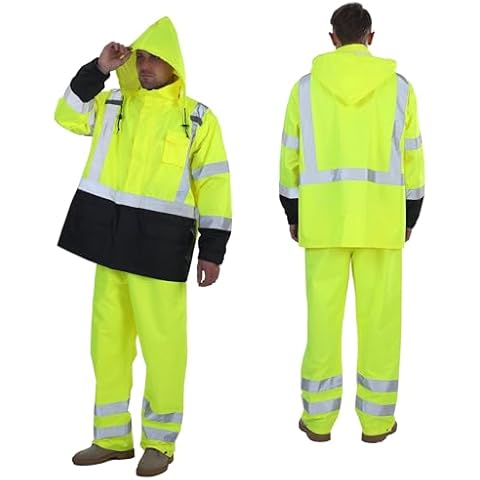 sesafety Hi Vis Rain Jacket, Rain Suits for Men Waterproof withBlack Bottom, Rain Coats for Men Interior Mesh, Class 3 HighVisibility Rain Gear,Removable Hood Cover
