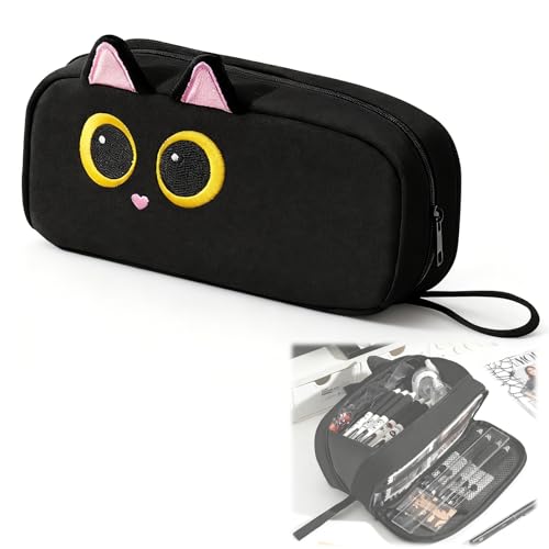 Hubaltuye Cat Pencil Case Pencil Pouch Large Capacity Portable Stationery Organizer Cute Embroidered Black Cat Design Multipurpose Storage Bag for Art Supplies Office Use