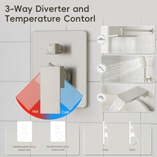Image of Gabrylly Shower System with Tub Spout, Wall Mounted Tub Shower Faucet Set for Bathroom with High Pressure 10 inch Rain Shower head and 3-Setting Handheld Shower Head Set,Brushed Nickel
