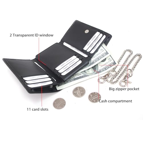 Image of boshiho Genuine Leather Bifold Chain Wallet for Men RFID Blocking | Heavy Duty Steel Anti-Theft Chain & 2 Zipper Coin Purse. Perfect for Bikers, Daily Commute, Gift for Dad /Husband