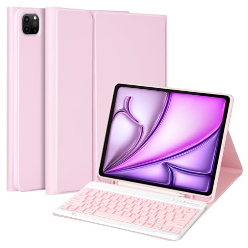 MMK for iPad Air 13 inch (M2) 2024 & iPad Pro 12.9 Case with Keyboard, Keyboard case for iPad Pro 12.9 inch 6th 5th & iPad Air 13 inch, Backlit Bluetooth Wireless Keyboard, with Pencil Holder-Pink