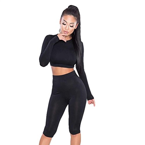 Bekleidung Longra Mode Sportanzug Crop Top Hosen Zweiteilige Outfit Yoga Trainings-Kleidung (1pcs Tops und 1pcs Hose) (S, Black)