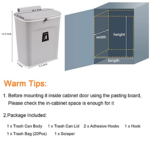Tiyafuro None Brand 2.4 Gallon Kitchen Compost Bin for Counter Top or Under Sink, Hanging Small Trash Can with Lid for Cupboard/Bathroom/Bedroom/Office/Camping, Mountable Indoor Compost Bucket, Gray