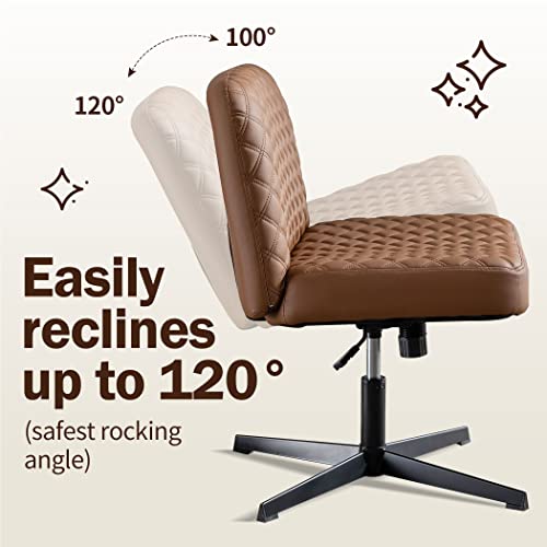 Armless Pu Leather Office Desk Chair,Cross Legged Home Office Chair No Wheels Heavy Duty Metal Base,120° Rocking Ergonomic Pc Chair,Thicken Padded Swivel Vanity Chair For Women, Girls,Accent Chair #TOP5