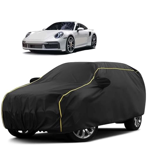 Image of Sulfar 100% Water Resistant Car Body Cover Compatible with Mirror for Porsche 911 Carrera (Triple Stitched, Full Bottom Elastic, Black Tafetta with Yellow Piping)