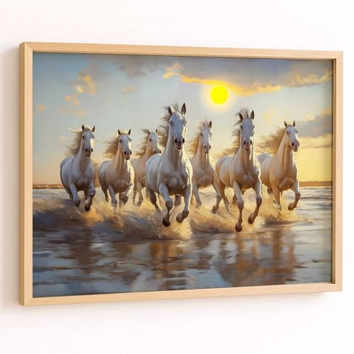 Image of HOTHOUSE 7 Horses Vastu Frame Wall Art Painting for Living Room Bedroom Office Home Decor | Seven Running Vastu Lucky Horse Rising Sun Painting Wall Decor Size (19X25 inch)