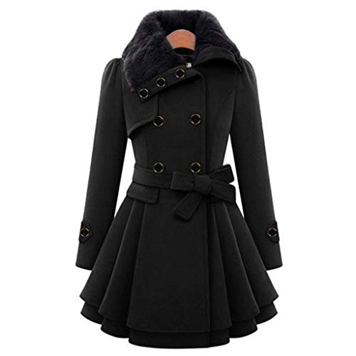 ZYXTIM Fleece Jacket for Women Plus Size Mid-Long Wool Trench Coat Faux Fur Lapel Double-Breasted Pea Coat with Belted