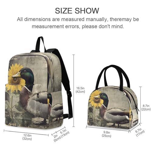 Backpack Lunch Bag Set Wild Duck Sunflower Print, Big Storage Travel Backpacks with Insulated Lunch Box for Office Hiking Picnic2