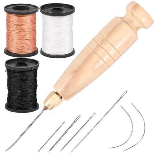 Kit de Costura con Hilo Encerado para Cuero, 3 Bobinas de Hilo de Nylon Encerado de 80 Yardas y Set de Agujas, para Reparación de Tapicería de Cuero miniatura 1