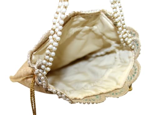 Image of MILAN'S CREATION Pure Banarasi Potli Silk Brocade Bag Purse Drawstring Women's handbag with Pearl Handle & Tassel Weddings