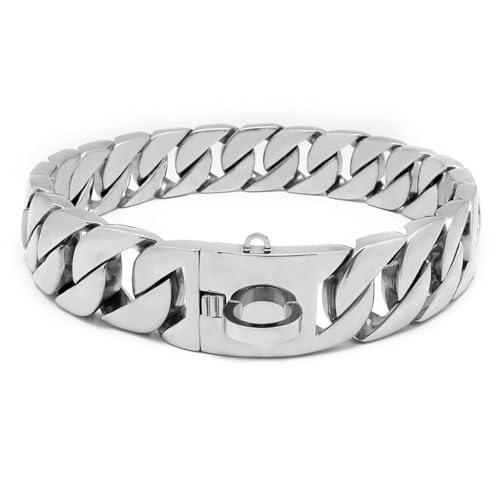 Heavy Duty Dog Collar, 32mm Cuban Chain Link with Safety Buckle, Chew Proof Pitbull Collar for Medium and Large Dogs