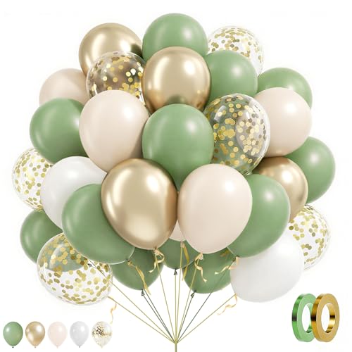 Ballon Decoration Anniversaire Vert Sauge Arche 60 Pièce 12 Pouces Helium Blanc Confettis Dorés Métallisés Gender Reveal Ballons pour Mariage Baby Shower...
