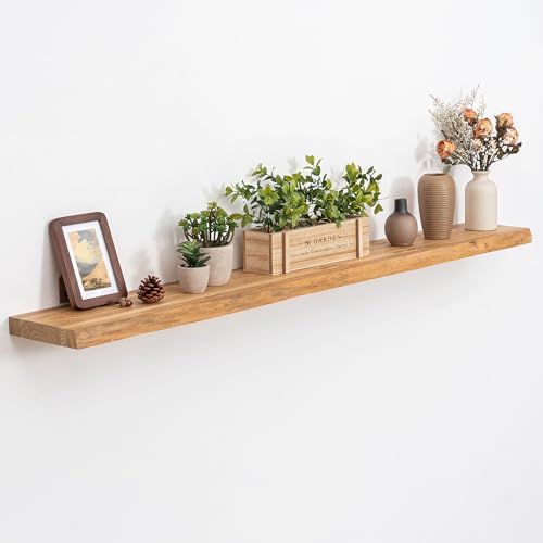 Image of Acovy Extra Deep 55 inch Long Live Edge Rustic Floating Shelves for Wall, Solid Wood Wall Shelves with Invisible Bracket Mount for Living Room Bathroom Bedroom Kitchen, Set of 1, Natural