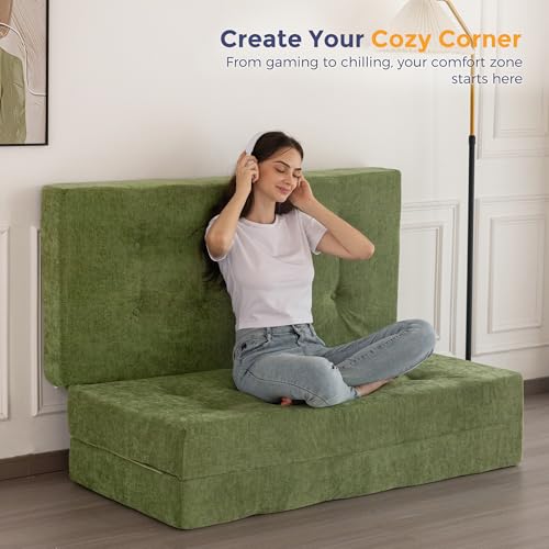 Image of MAXYOYO 6 inch Folding Sofa Bed for Floor, Tufted Tri-Fold Floor Mattress with Chenille Fabric, Full Size Portable Sofa Couch Guest Mat for Adults, Foldable Topper for Camping, Green, 53 inchx75 inch