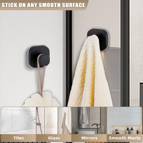 Image of Suction Cup Hooks for Shower - Resuable Bathroom Hooks for Towels, Robes & Loofah - No-Drill Mounting on Kitchen,Walls,Metal,Glass,Mirrors,Tile & Smooth Non-Porous Surfaces (4, Matte Black)