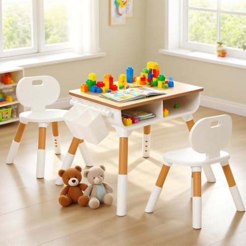 Siairo Mesa infantil con 2 sillas, altura regulable, grupo de asientos infantiles para guardería, escritorio para niños con espacio de almacenamiento y silla infantil, juego de sillas para niños