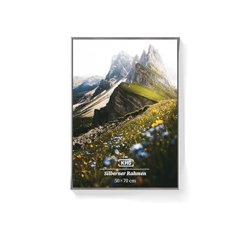 KHG Bilderrahmen aus Kunststoff mit stabilem Glas und Passepartout zum Aufhängen oder Hinstellen Ideal für Portraits Urkunden Poster - silber 50x70 cm